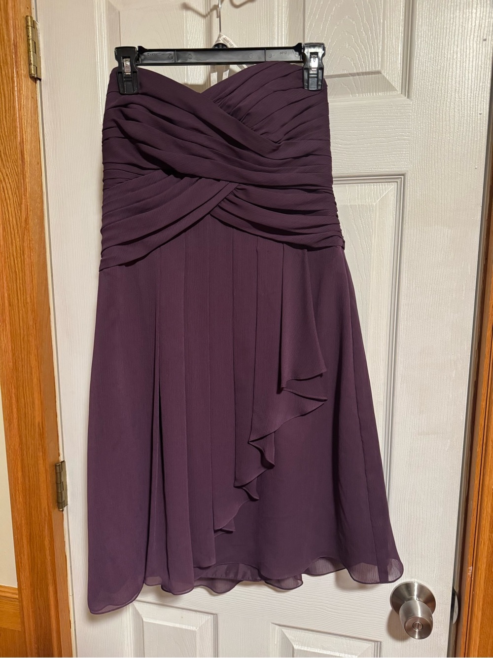 David's Bridal Strapless Ruched Chiffon Dress in Plum